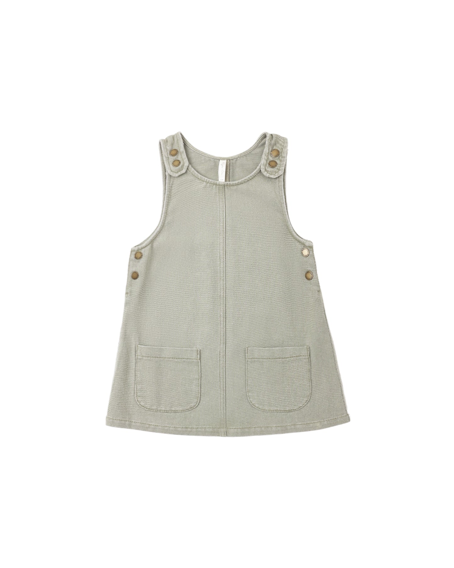 Dark sage Odette overall dress by Rylee & Cru, featuring a sleeveless design with adjustable shoulder straps and a relaxed fit.