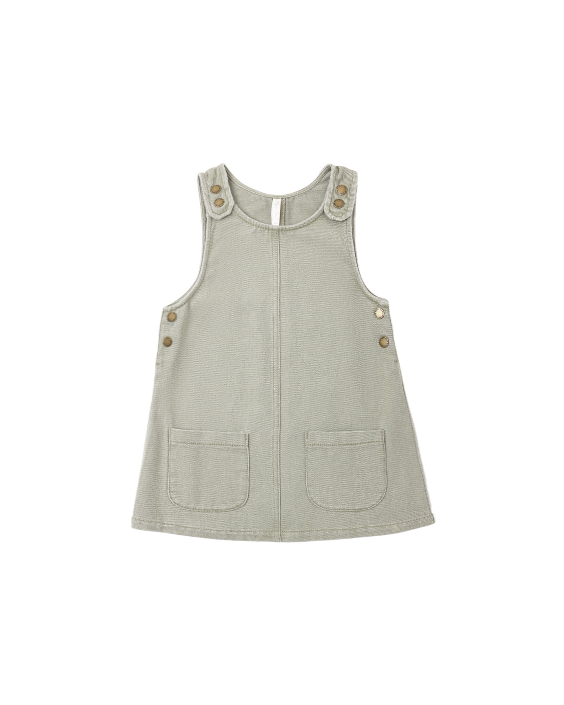 Dark sage Odette overall dress by Rylee & Cru, featuring a sleeveless design with adjustable shoulder straps and a relaxed fit.