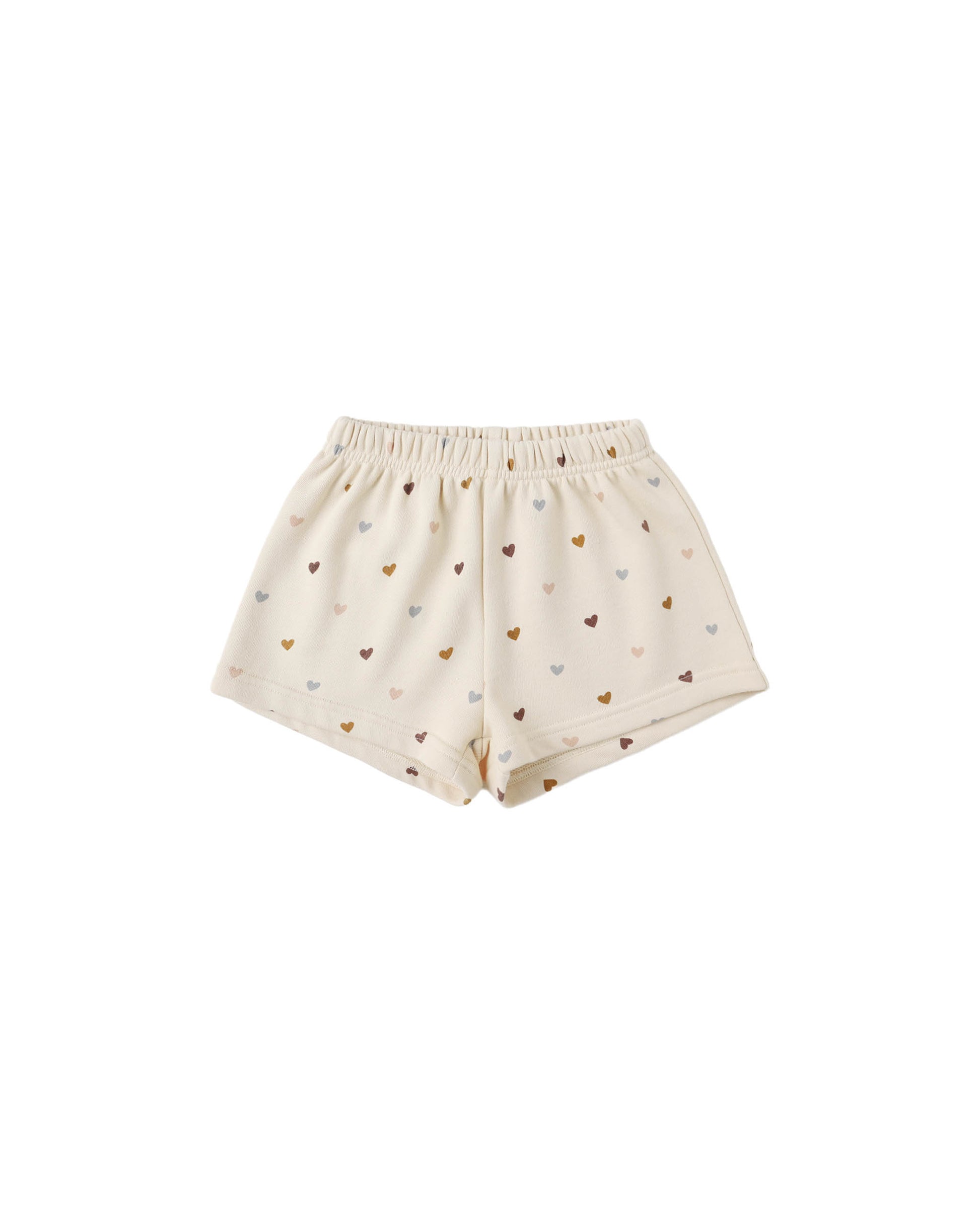 Rylee & Cru Hearts Track Shorts in antique color, featuring a playful heart pattern and comfortable elastic waistband.