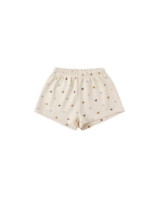 Rylee & Cru Hearts Track Shorts in antique color, featuring a playful heart pattern and comfortable elastic waistband.