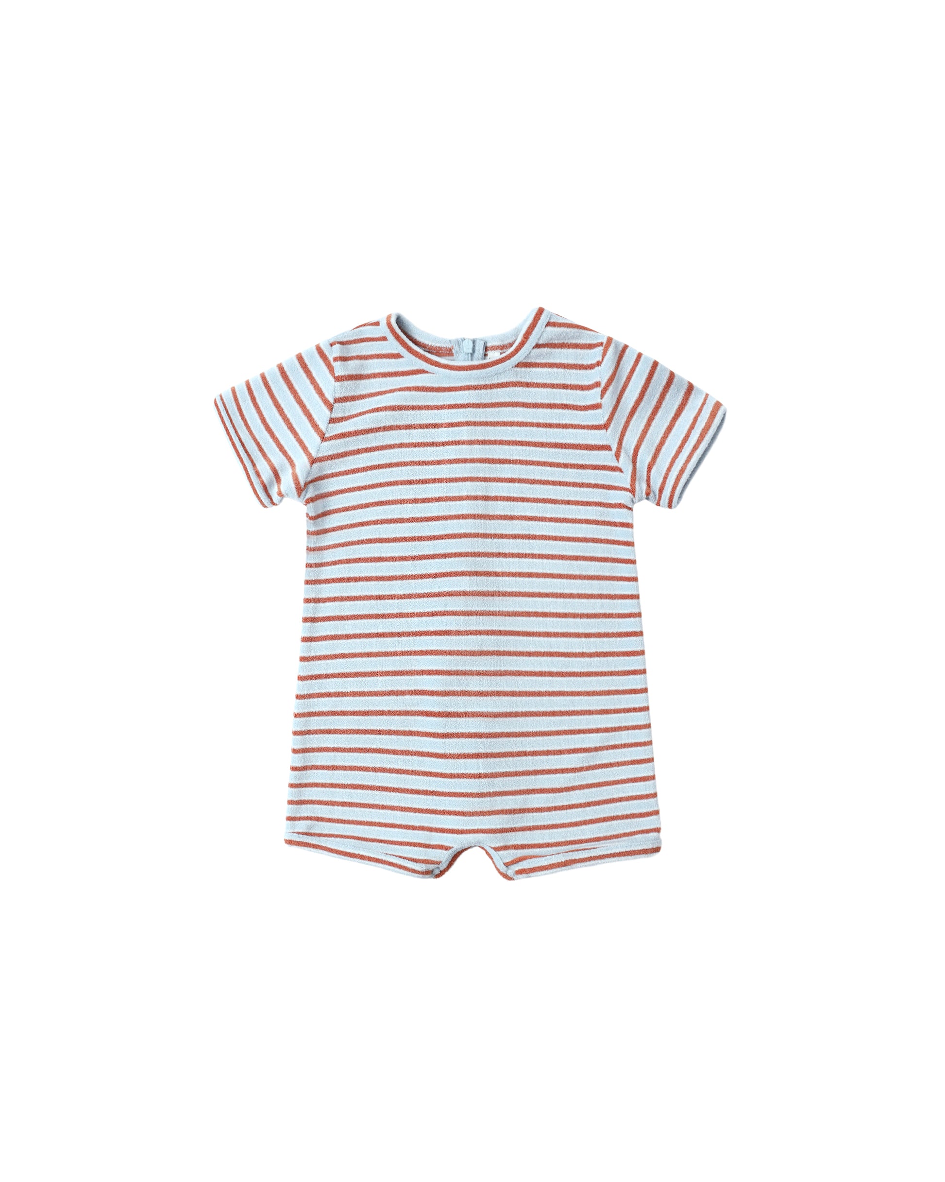 Rylee & Cru Americana Stripe Shorty One Piece swimsuit in light blue with white and orange stripes, featuring a relaxed fit and shoulder straps.