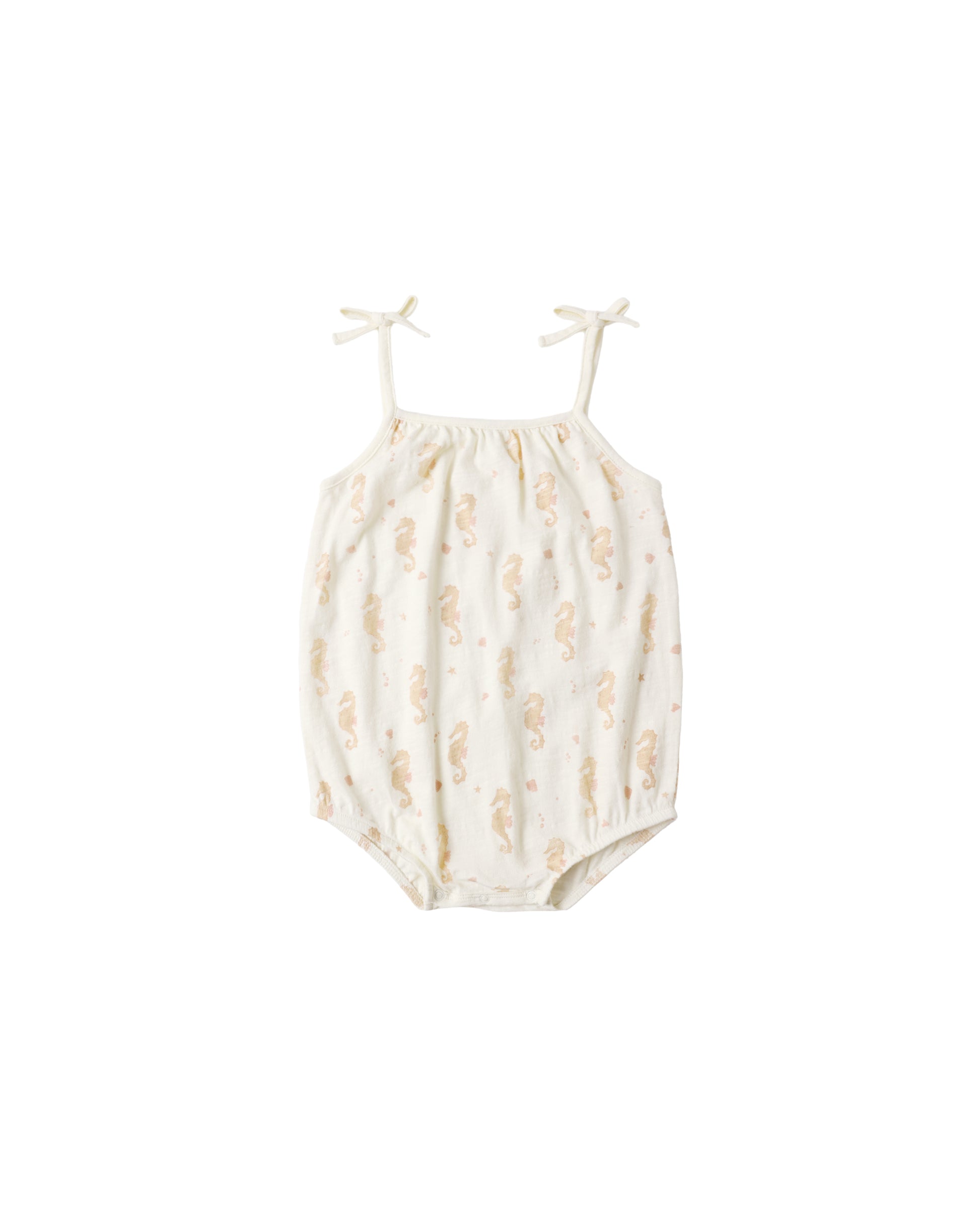 Rylee & Cru Seahorse Nala romper for babies, ivory color, soft cotton fabric, featuring a cute seahorse print and snap closures.