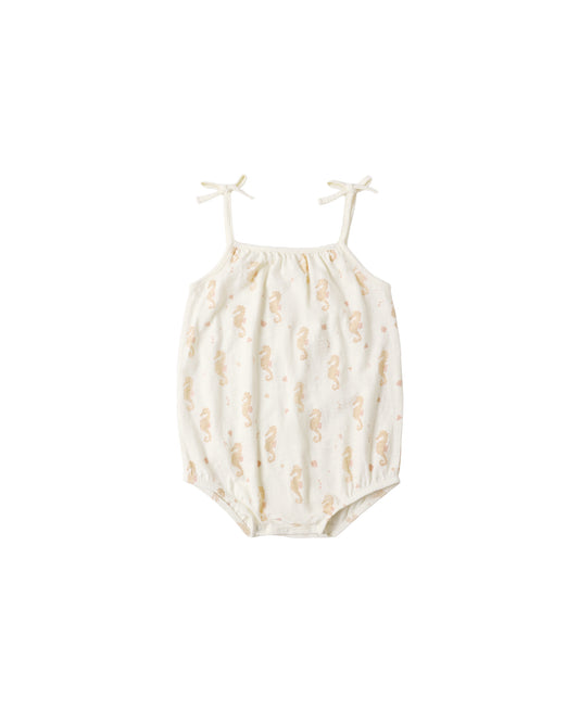 Ivory Seahorse Nala Romper for babies by Rylee & Cru, featuring a cute seahorse print and soft fabric.