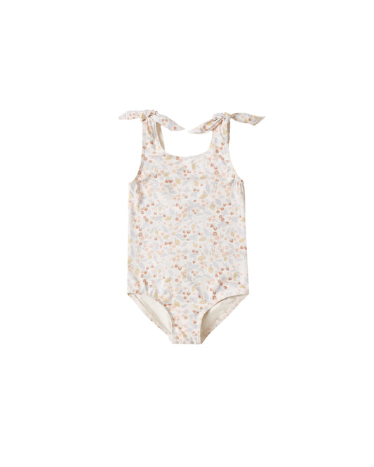 Rylee & Cru Summer Garden Millie One Piece swimsuit in ivory, featuring floral print and ruffled details for girls.