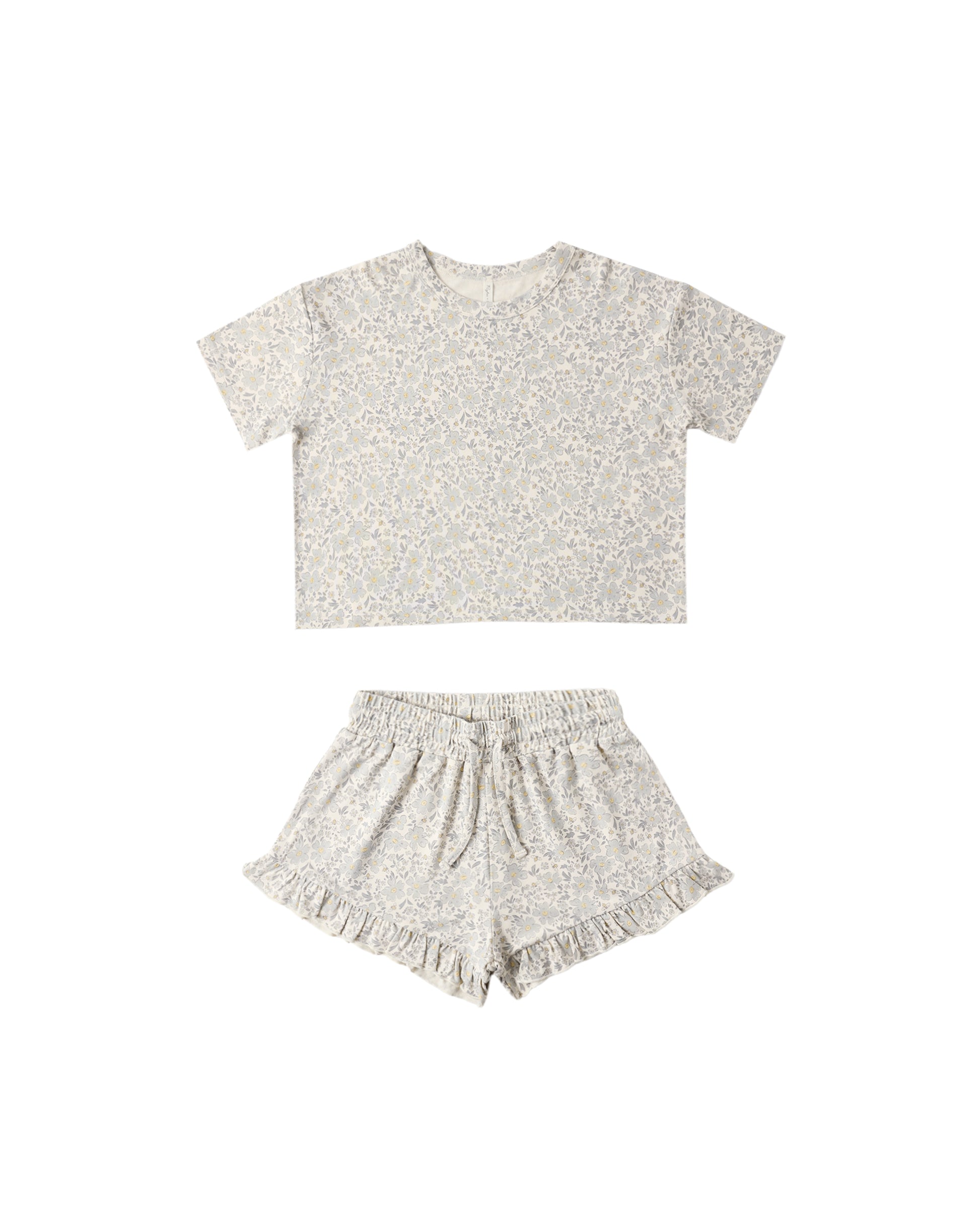 Rylee & Cru Blue Meadow Mosie Set featuring a natural fabric with playful meadow print and matching pieces for babies.