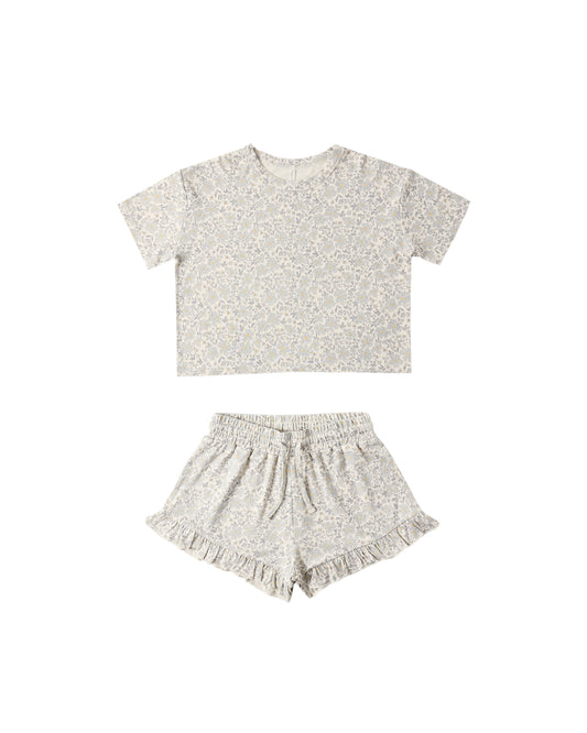Rylee & Cru Blue Meadow Mosie Set featuring a natural-colored fabric with a floral pattern for babies.