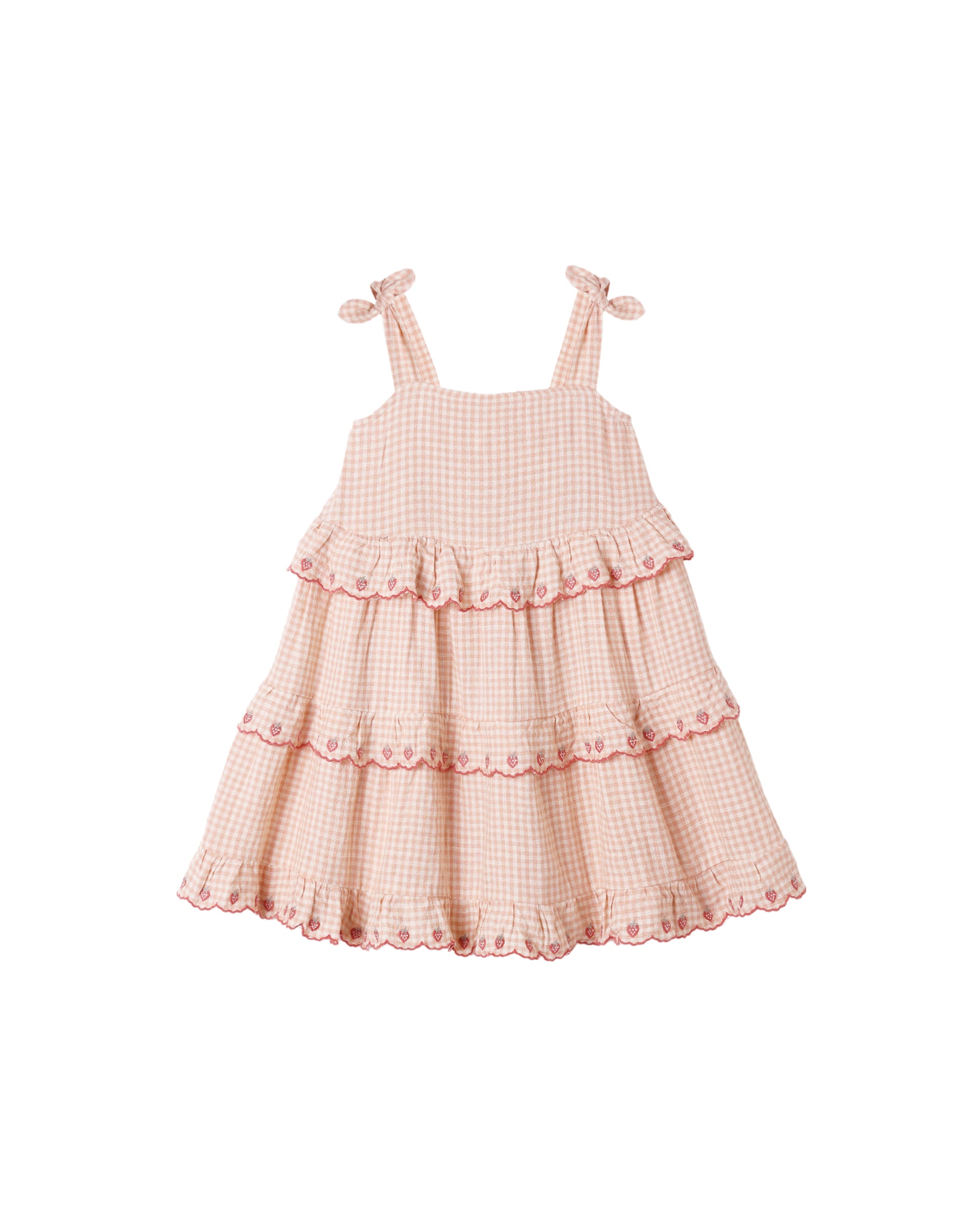 Rylee & Cru Petal Gingham Ruffled Swing Dress for girls, featuring pink and white gingham pattern with ruffle details.