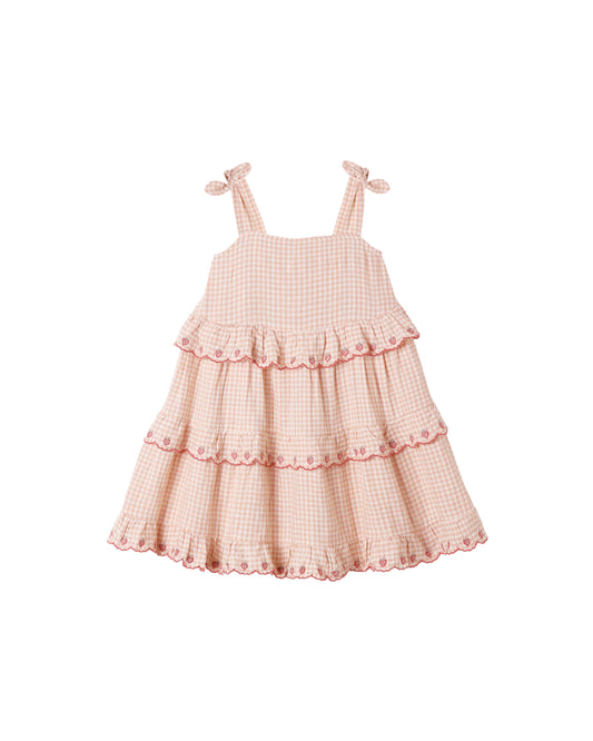 Rylee & Cru Petal Gingham Ruffled Swing Dress for girls, pink and white gingham pattern with ruffled details and sleeveless design.