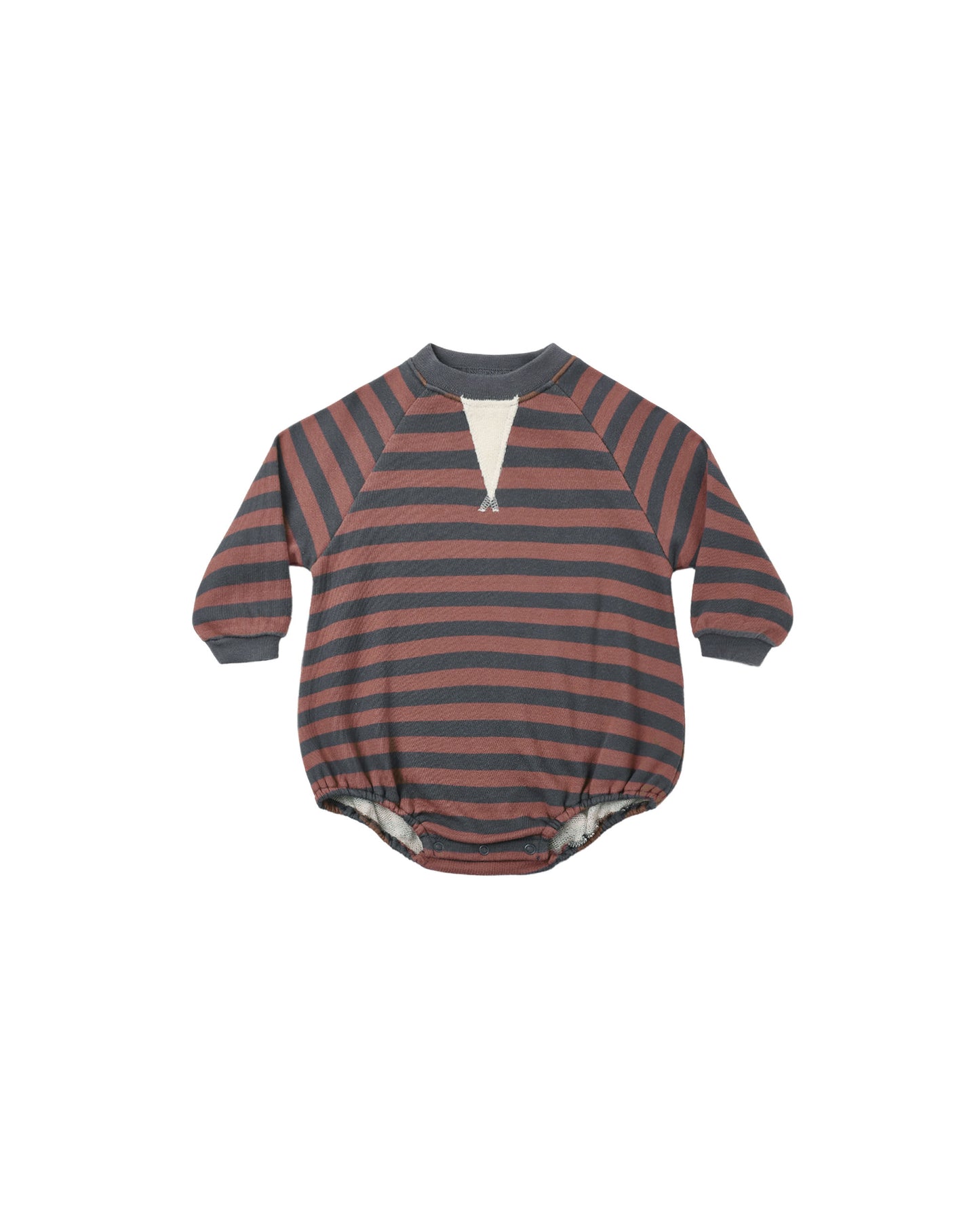 Rylee & Cru Mulberry Stripe Crew Neck Romper for babies, featuring a navy and white striped pattern and comfortable fit.