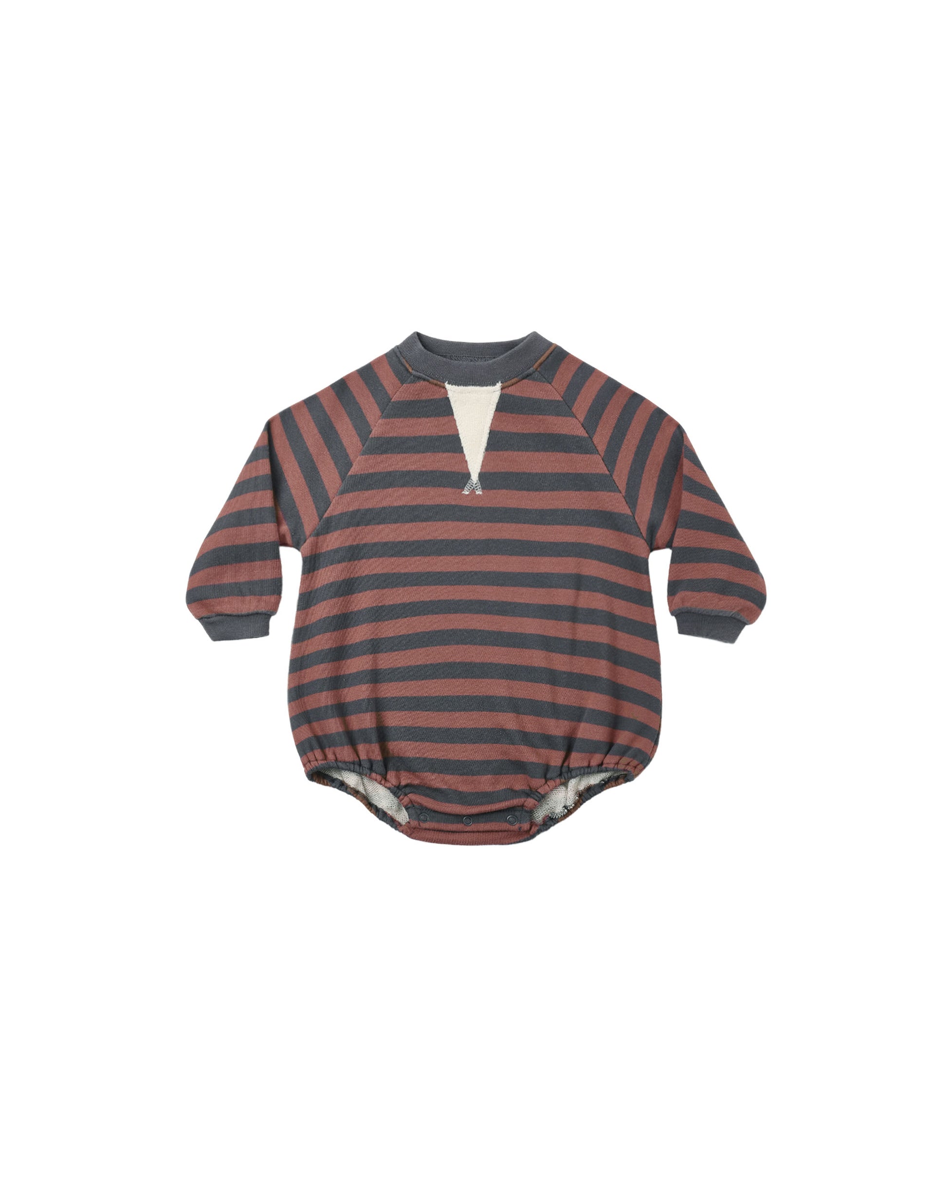 Rylee & Cru Mulberry Stripe Crew Neck Romper for babies, featuring a navy and white striped pattern and comfortable fit.