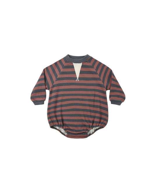 Rylee & Cru Mulberry Stripe Crew Neck Romper for babies, featuring a navy and white striped pattern and comfortable fit.