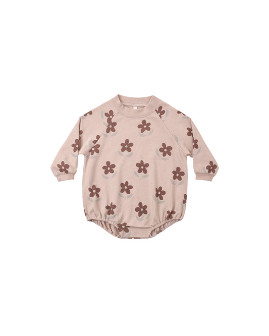 Rylee & Cru Daisy crew neck romper in rosewood color, featuring a soft, comfortable design with short sleeves and playful floral pattern.
