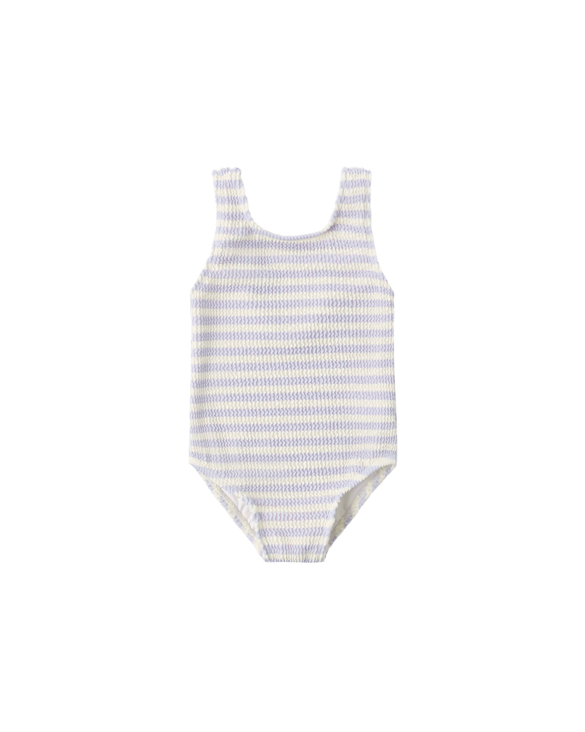 Periwinkle stripe Rylee & Cru Moxie one piece swimsuit on a white background.