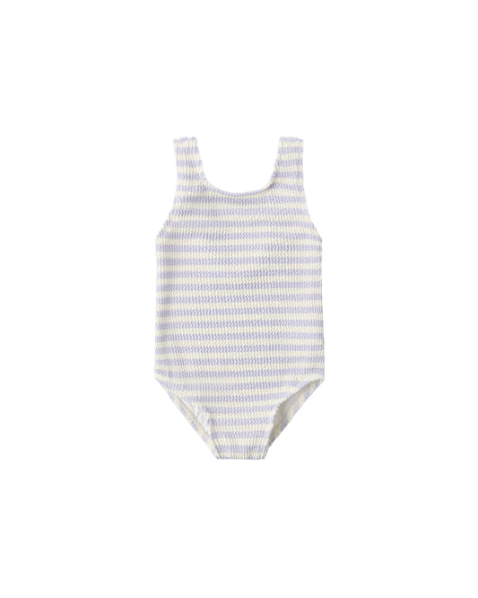 Periwinkle stripe Moxie one-piece swimsuit by Rylee & Cru featuring ruffled straps and playful design.