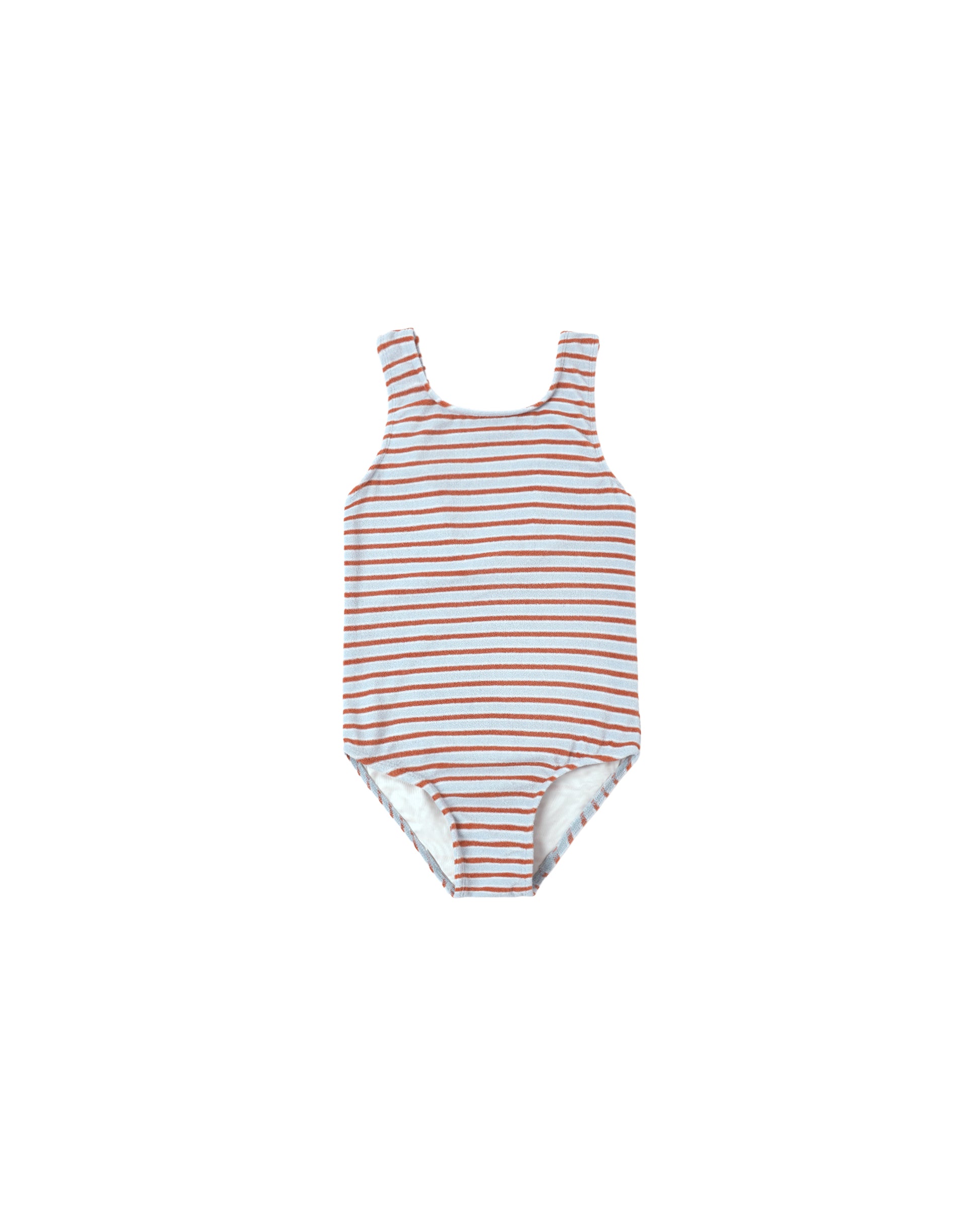 Light blue Americana Stripe Moxie One Piece swimsuit by Rylee & Cru, featuring white and orange stripes, with shoulder straps and a fitted design.
