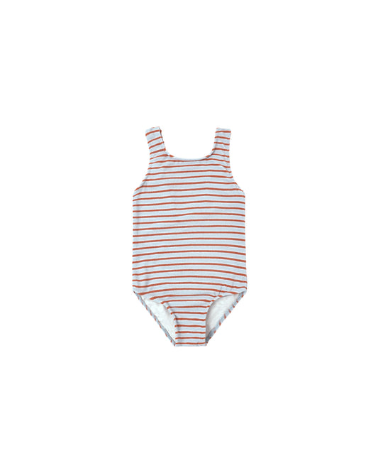 Rylee & Cru Americana Stripe Moxie one-piece swimsuit in light blue with white and orange stripes, front view showing strap details.