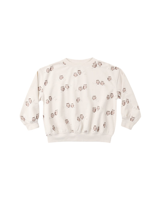 Rylee & Cru Owls relaxed sweatshirt in petal pink, featuring an owl graphic, soft fabric, and casual fit for comfortable style.