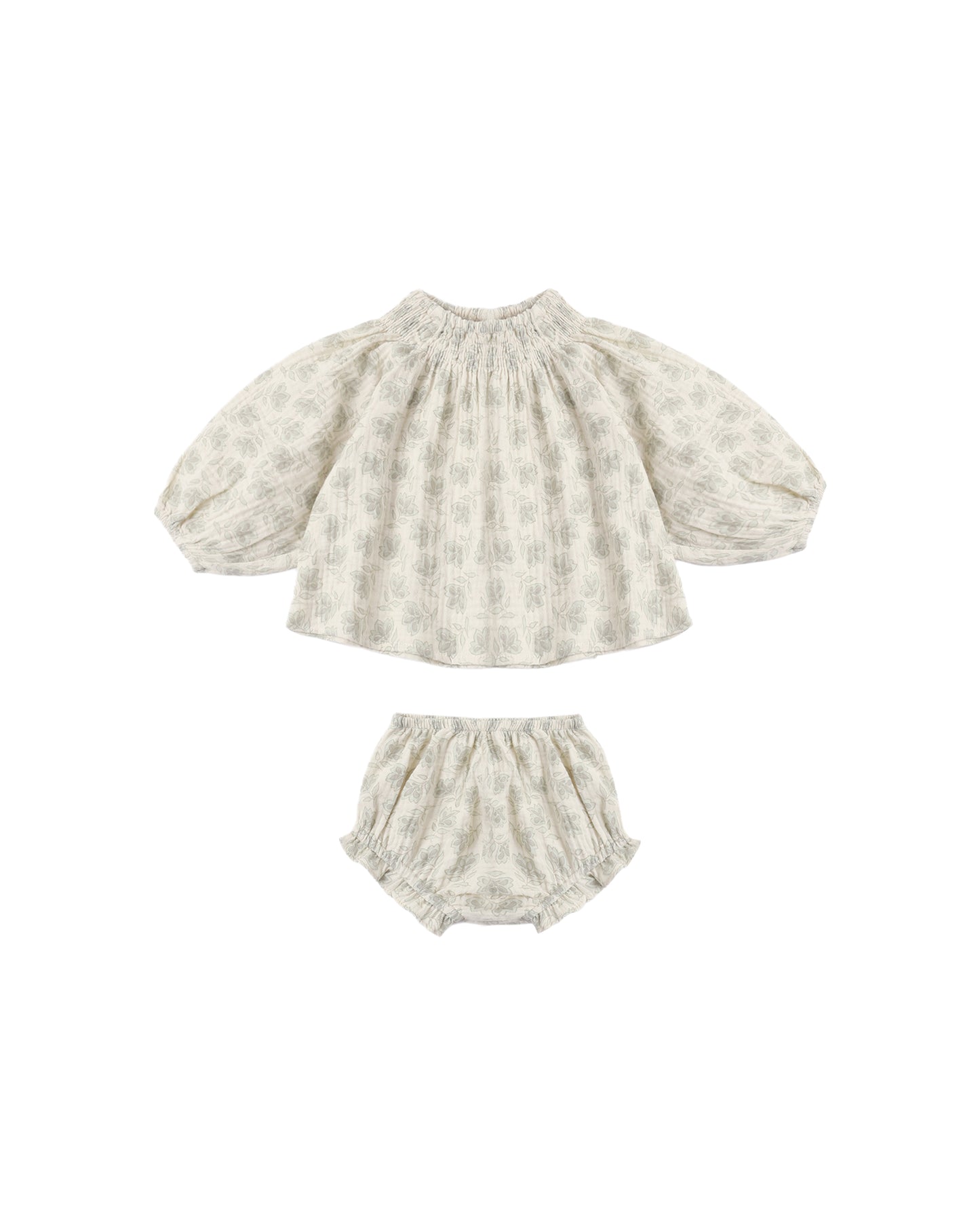 Green Iris Quincy set by Rylee & Cru featuring a soft, natural fabric with detailed iris embroidery on baby clothing.