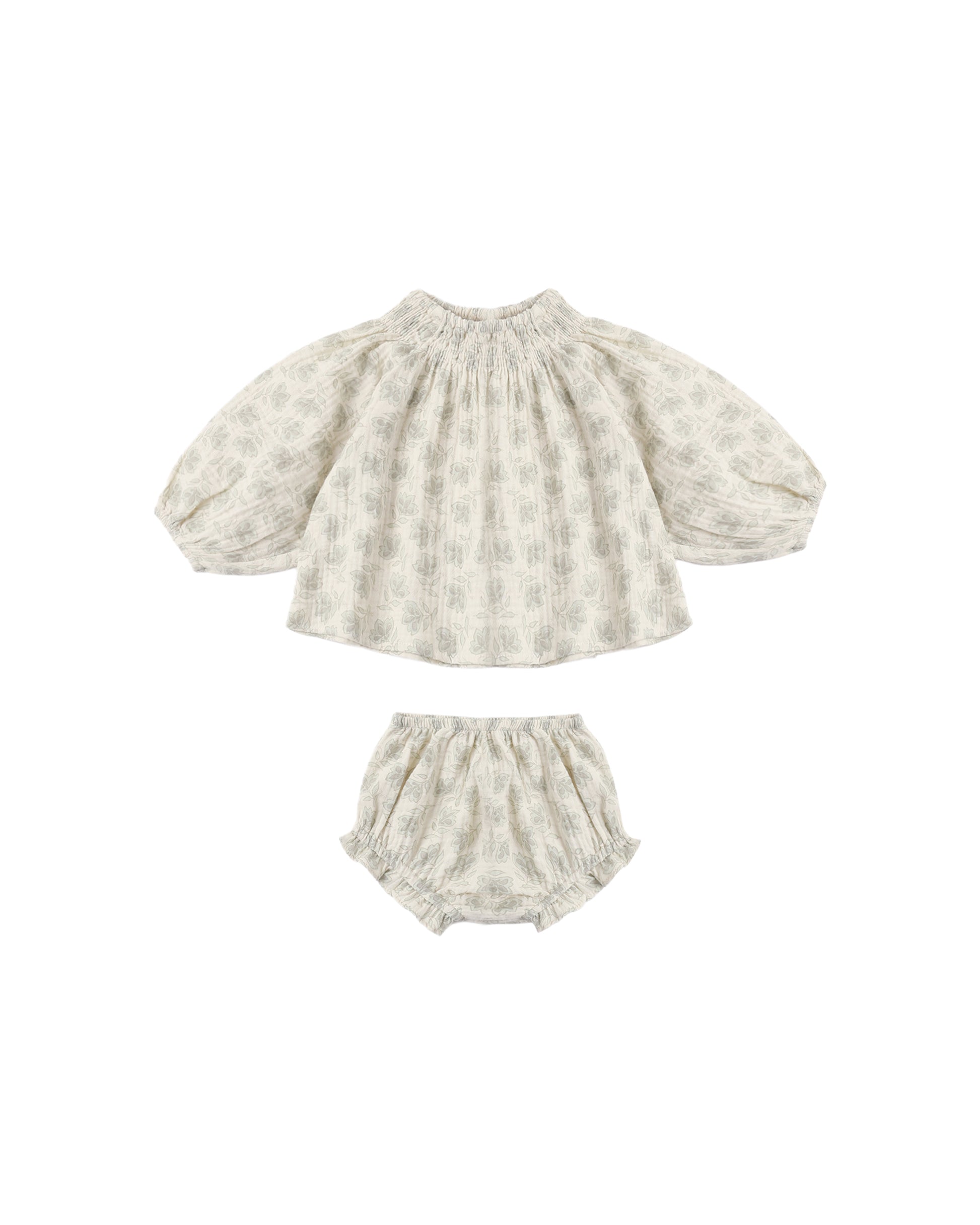 Green Iris Quincy set by Rylee & Cru featuring a soft, natural fabric with detailed iris embroidery on baby clothing.