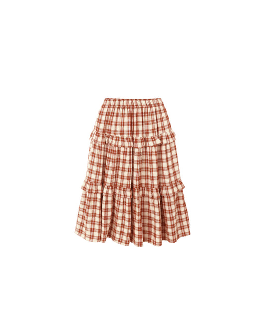 Red Plaid Ruffled Midi Skirt