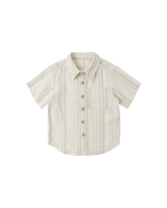 Rylee & Cru Sea Stripe collared short sleeve shirt in natural fabric with blue and white nautical stripe pattern.