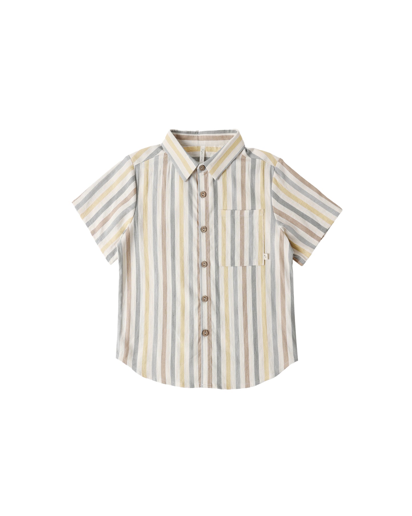 Rylee & Cru Valencia Stripe Collared Short Sleeve Shirt in natural with blue and white stripes, button-up front and collar.