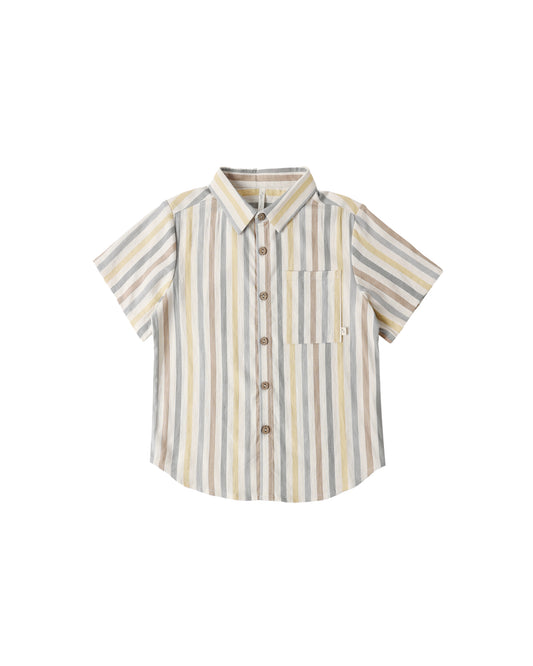 Rylee & Cru Valencia Stripe collared short sleeve shirt in natural with colorful stripes, displayed on a white background.