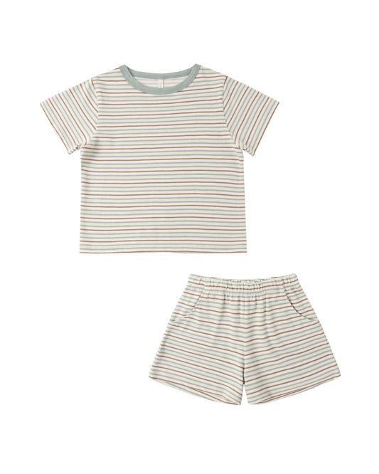 Vintage Stripe Play Set by Rylee & Cru featuring a green and white striped fabric, perfect for children's casual wear.
