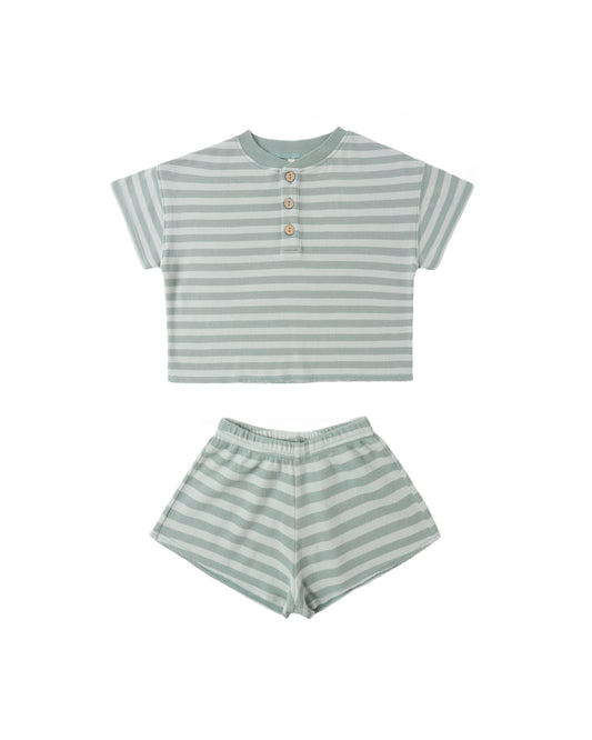 Sea green and white striped summer waffle set by Rylee & Cru, featuring a cozy top and matching shorts.