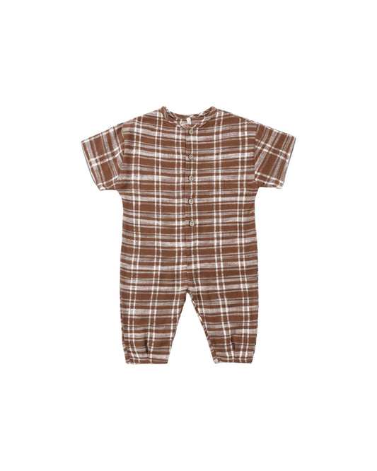 Rylee & Cru Aspen Plaid Hayes jumpsuit in mulberry fabric, featuring a stylish plaid pattern and comfortable fit.