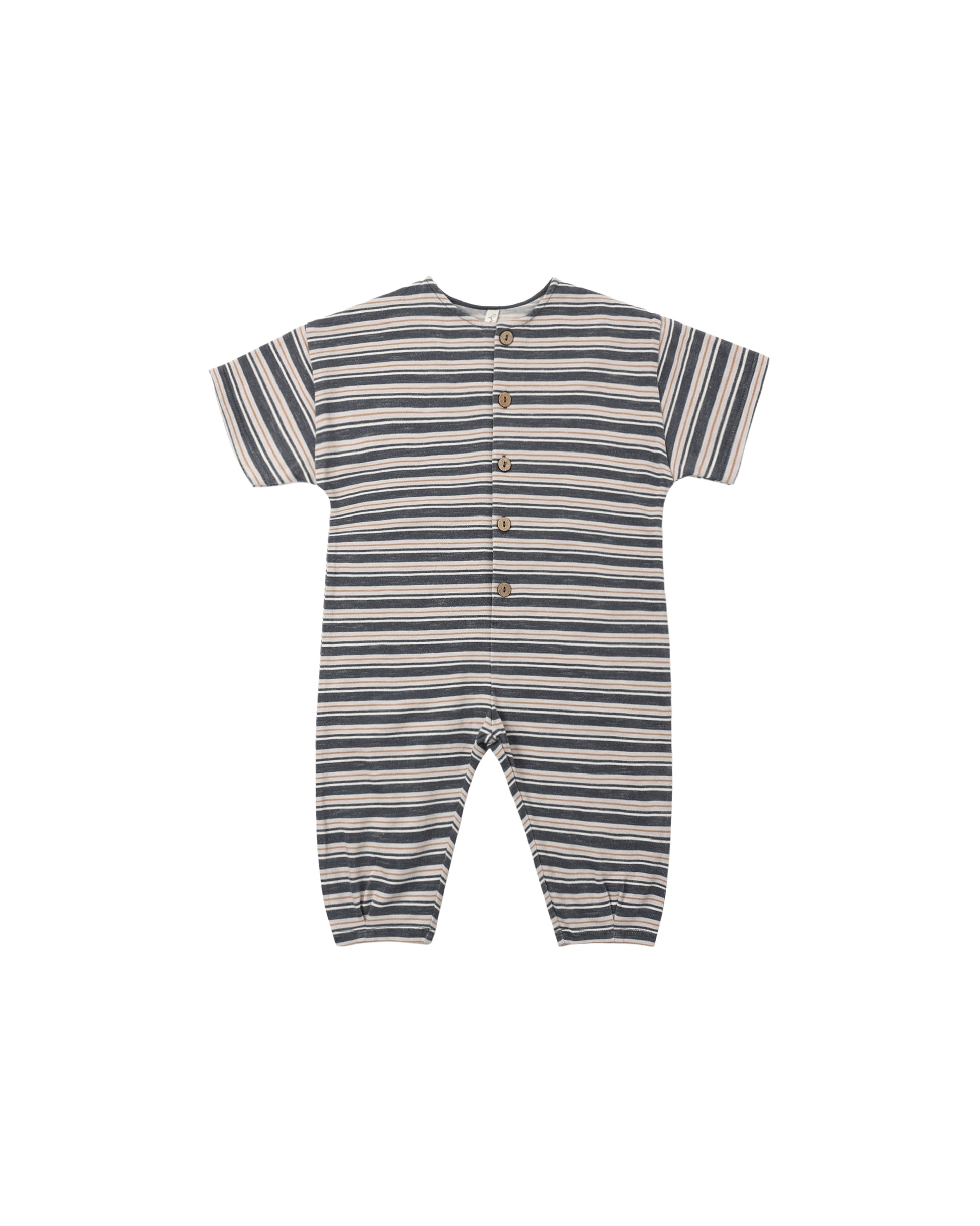 Blue and white striped Hayes jumpsuit by Rylee & Cru, featuring a relaxed fit and adjustable straps, displayed on a hanger.