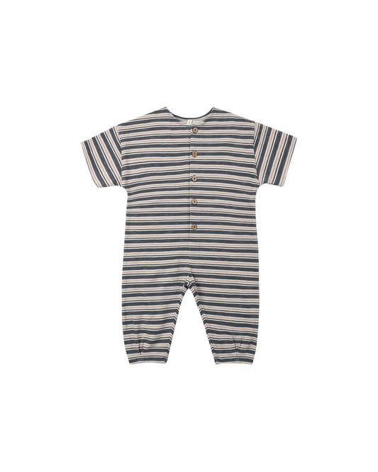 Blue and white striped Hayes jumpsuit by Rylee & Cru, featuring a relaxed fit and adjustable straps, displayed on a hanger.