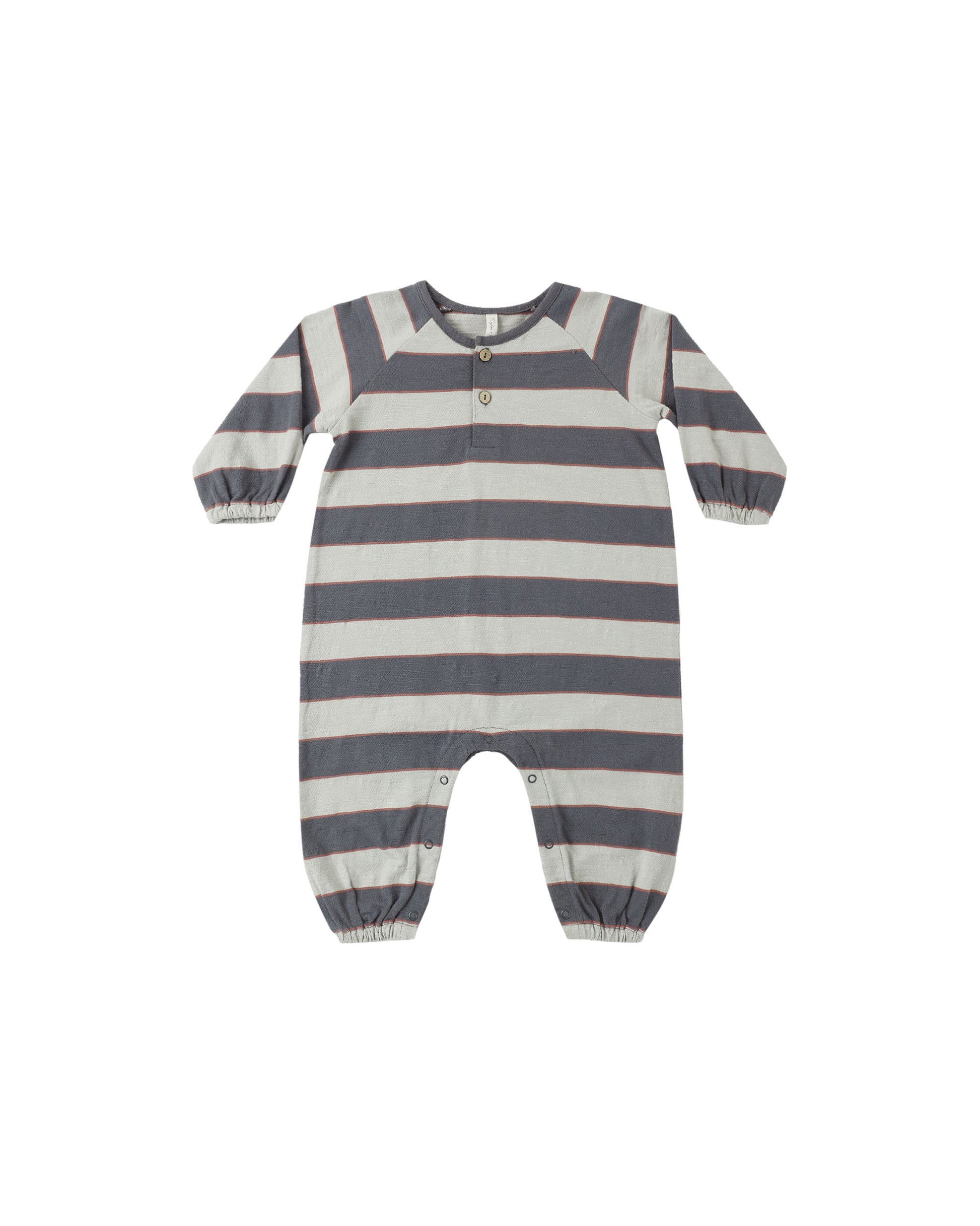 Sage stripe Henley jumpsuit by Rylee & Cru featuring a relaxed fit, long sleeves, and a button-front neckline.
