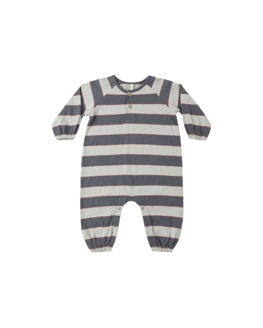 Sage stripe Henley jumpsuit by Rylee & Cru featuring a relaxed fit, long sleeves, and a button-front neckline.