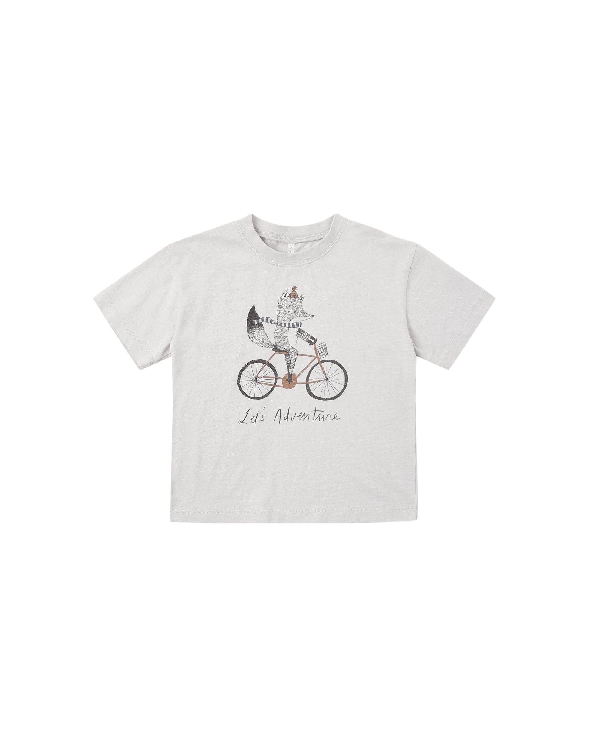 Rylee & Cru Let's Adventure relaxed fit tee in fog color, casual cotton shirt with logo graphic on front.