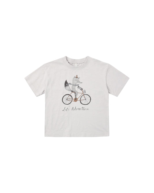 Rylee & Cru Let's Adventure relaxed fit tee in fog color, casual cotton shirt with logo graphic on front.