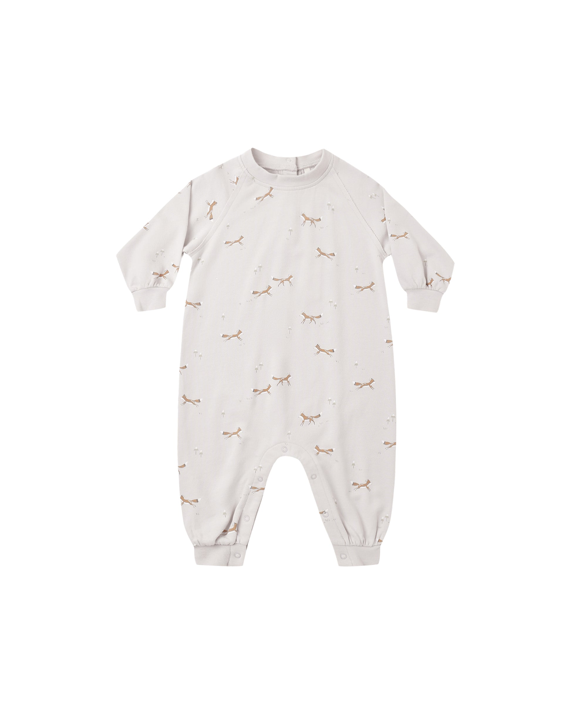 Rylee & Cru foxes raglan jumpsuit for babies, featuring a playful fox print and soft fabric, perfect for comfortable, stylish wear.
