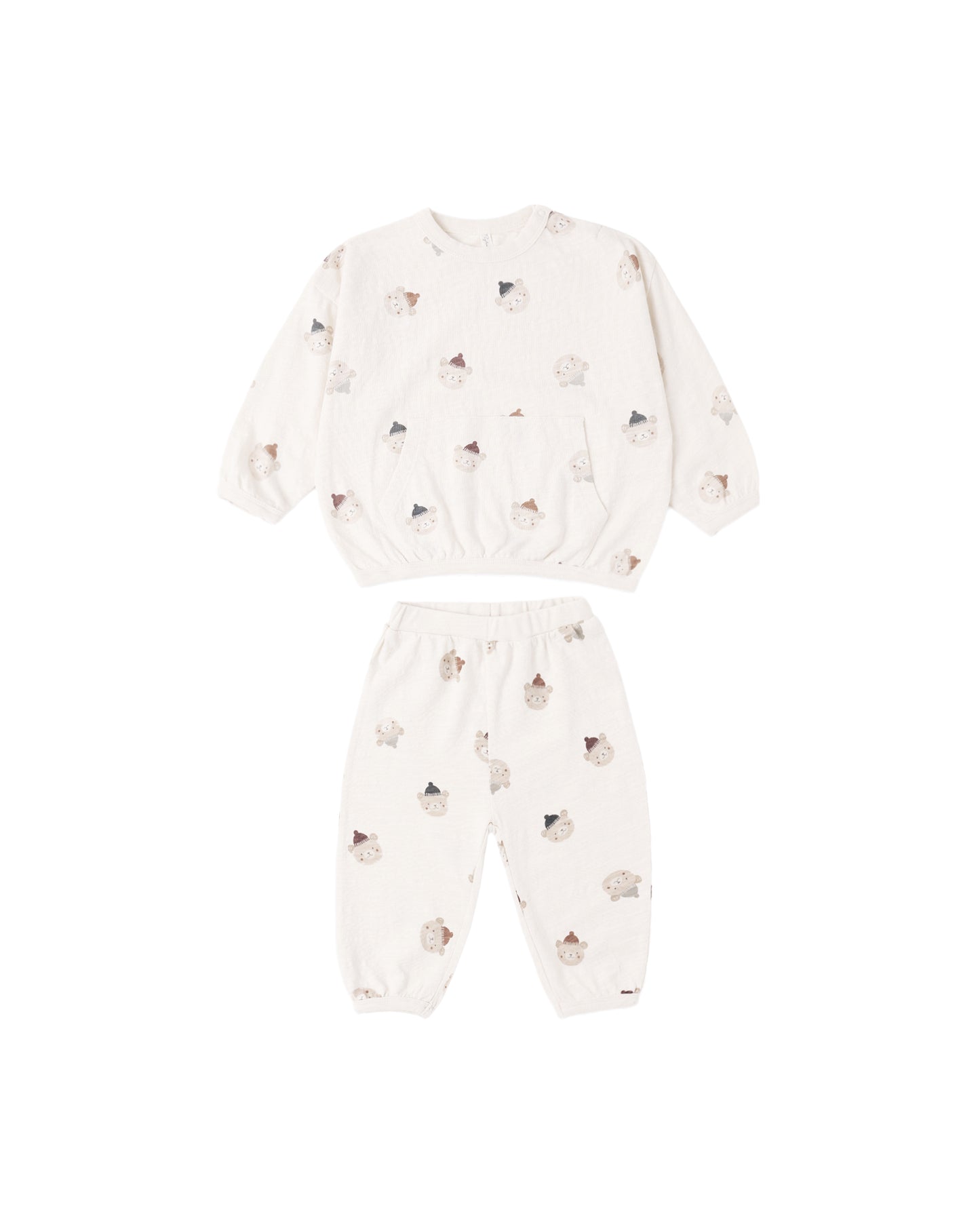 Rylee & Cru Winter Bears Relaxed Set for babies, featuring soft fabric with bear print in natural colors, laid out flat.