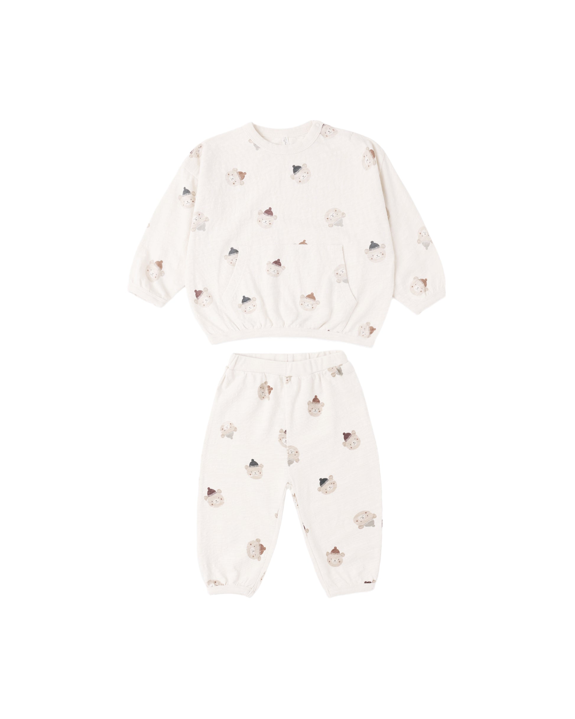 Rylee & Cru Winter Bears Relaxed Set for babies, featuring soft fabric with bear print in natural colors, laid out flat.