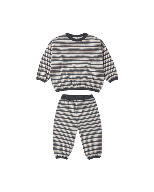 Blue Stripe Relaxed Set by Rylee & Cru featuring a comfortable top and pants with navy and white stripes.