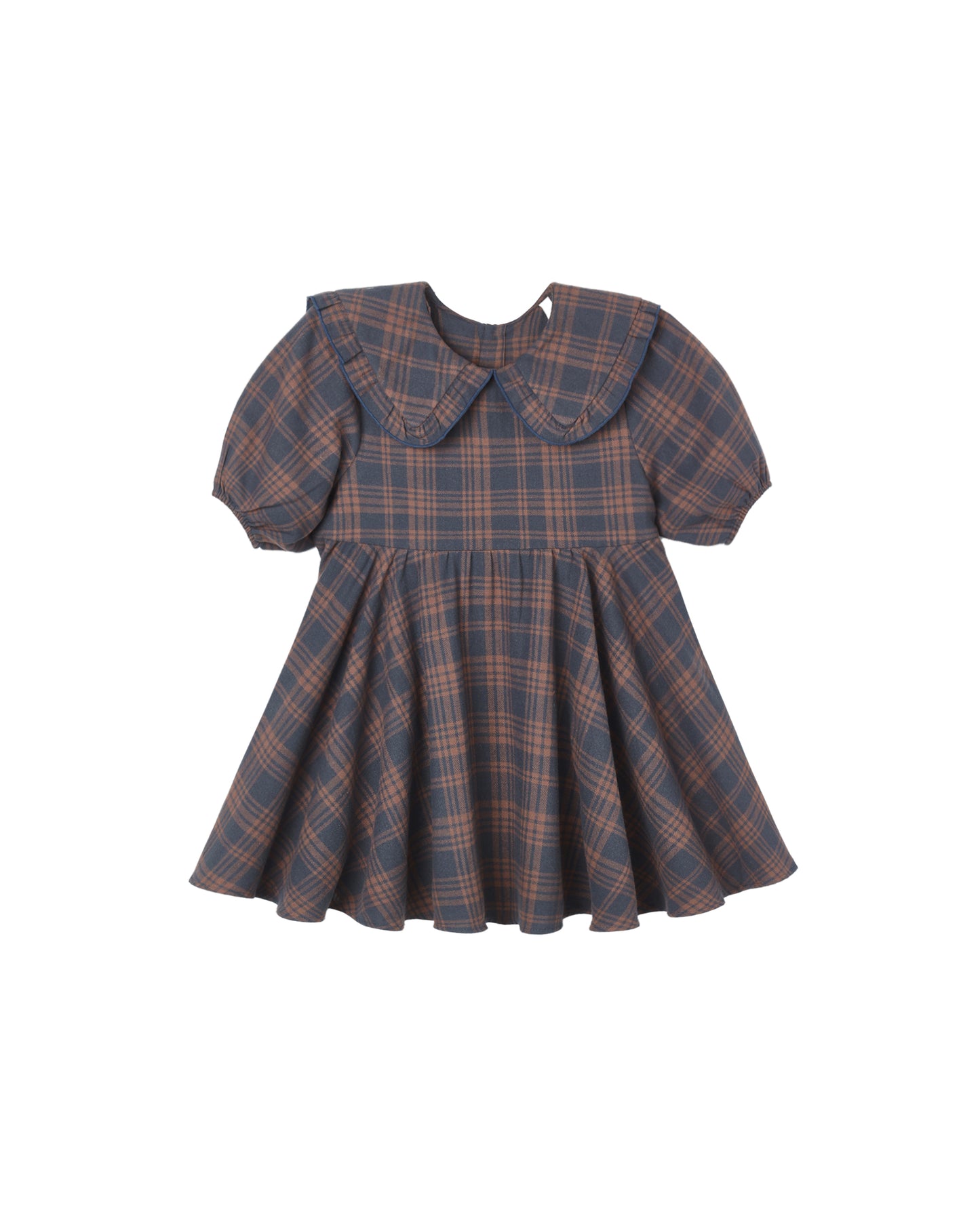 Rylee & Cru Midnight Plaid Camille Dress with long sleeves and ruffled hem, displayed on a white background.