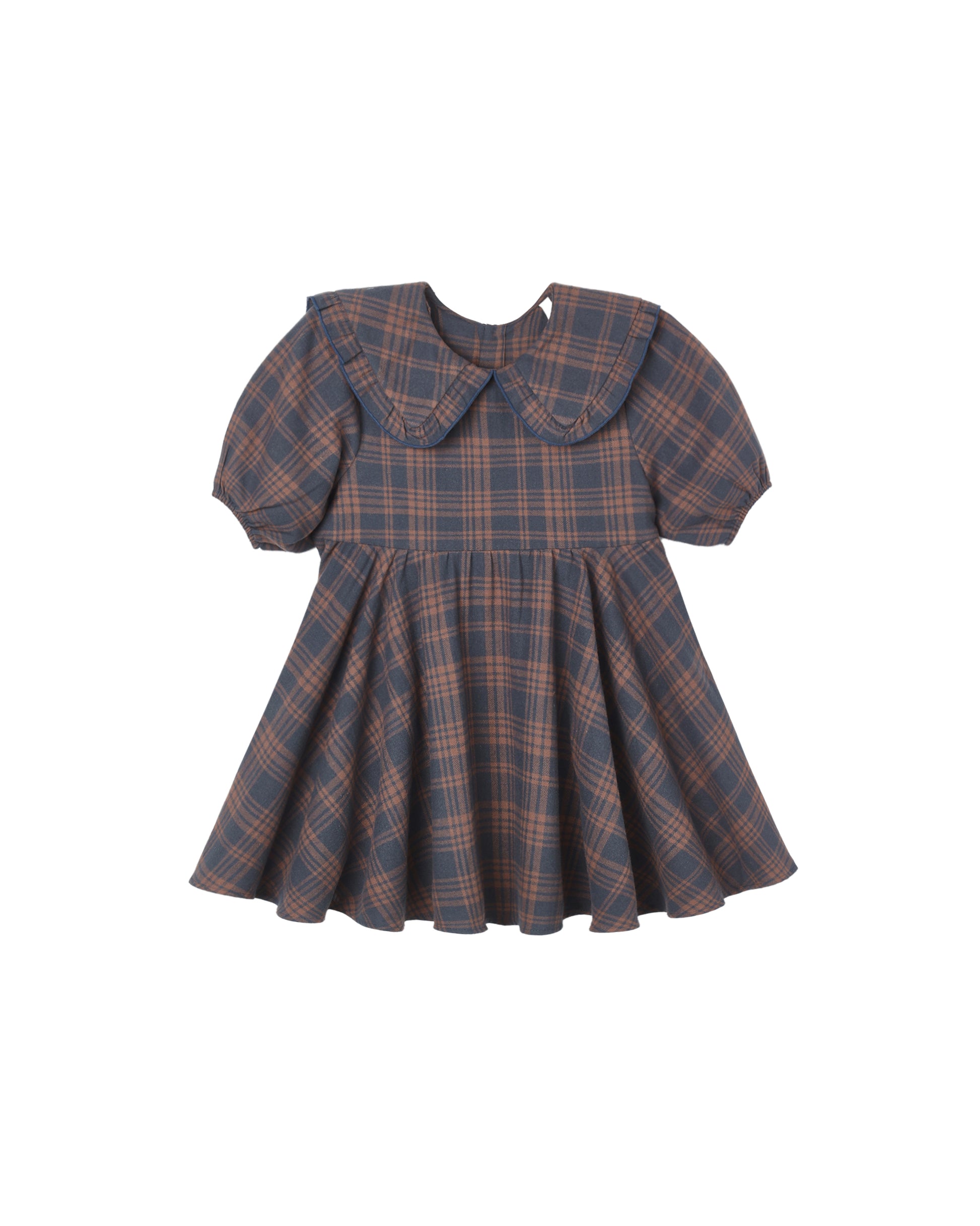Rylee & Cru Midnight Plaid Camille Dress with long sleeves and ruffled hem, displayed on a white background.
