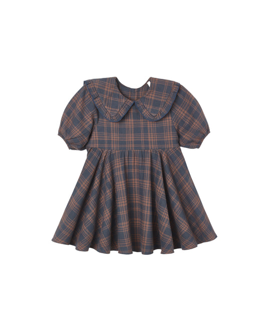 Rylee & Cru Midnight Plaid Camille Dress with long sleeves and ruffled hem, displayed on a white background.
