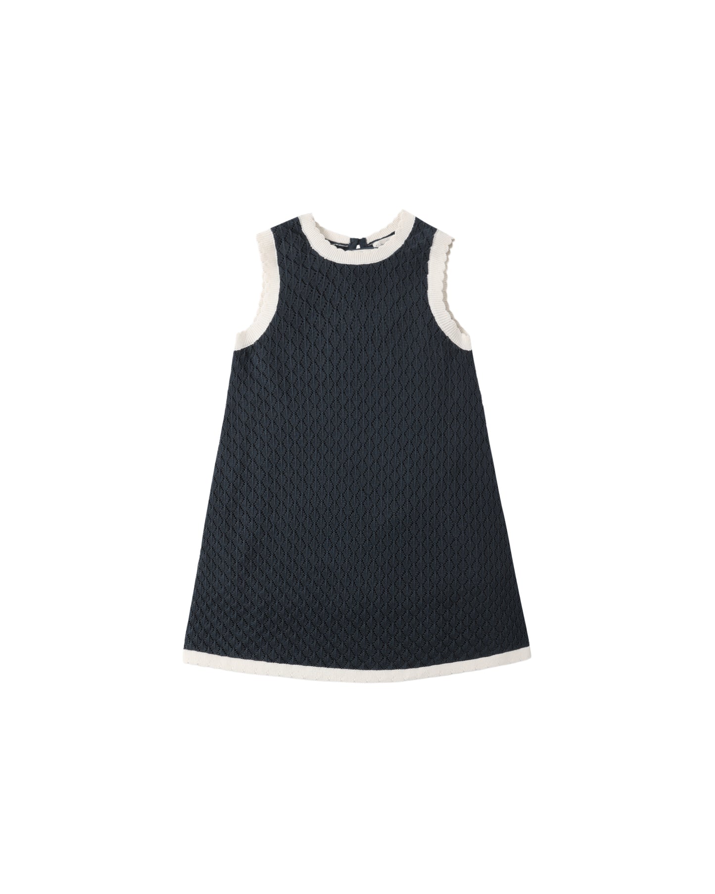 Navy crochet tank mini dress by Rylee & Cru featuring sleeveless design and textured crochet pattern.