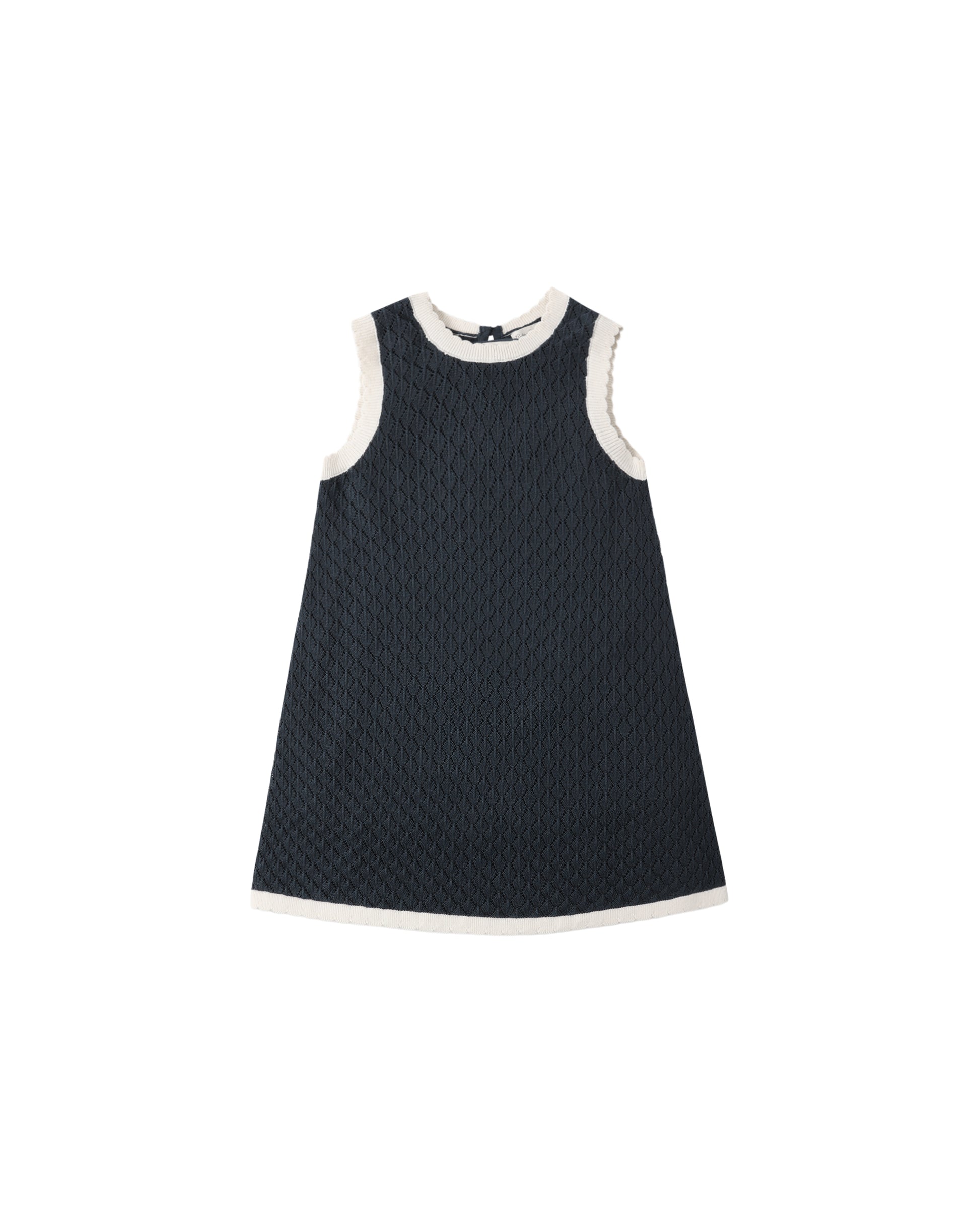Navy crochet tank mini dress by Rylee & Cru featuring sleeveless design and textured crochet pattern.