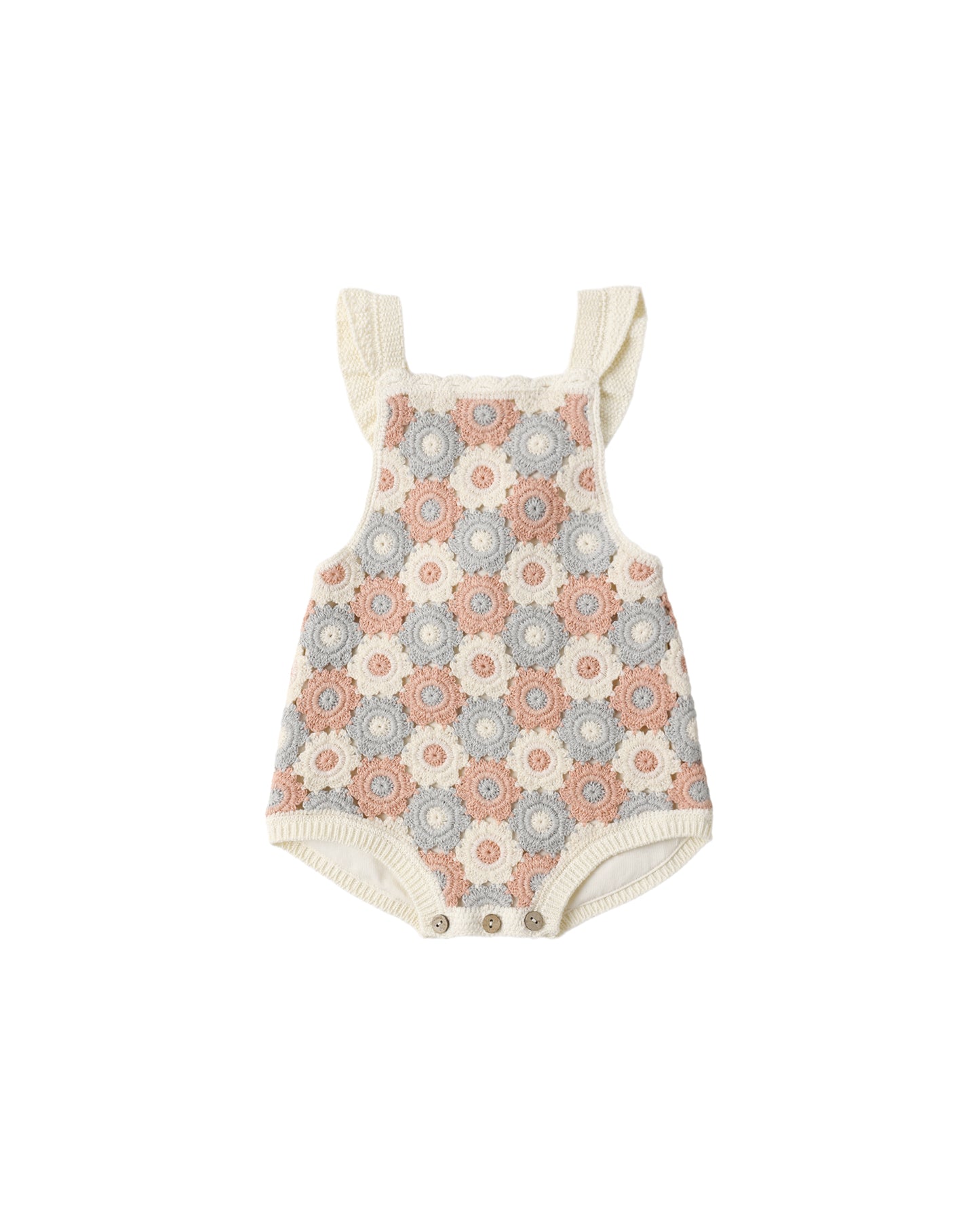 Blue, light pink, and ivory crochet romper by Rylee & Cru, featuring detailed stitch patterns and a soft, comfortable fit.