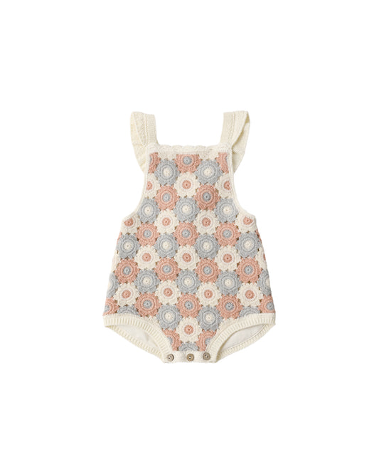 Light pink, ivory, and blue crochet romper by Rylee & Cru, featuring intricate crochet patterns and a comfortable fit.