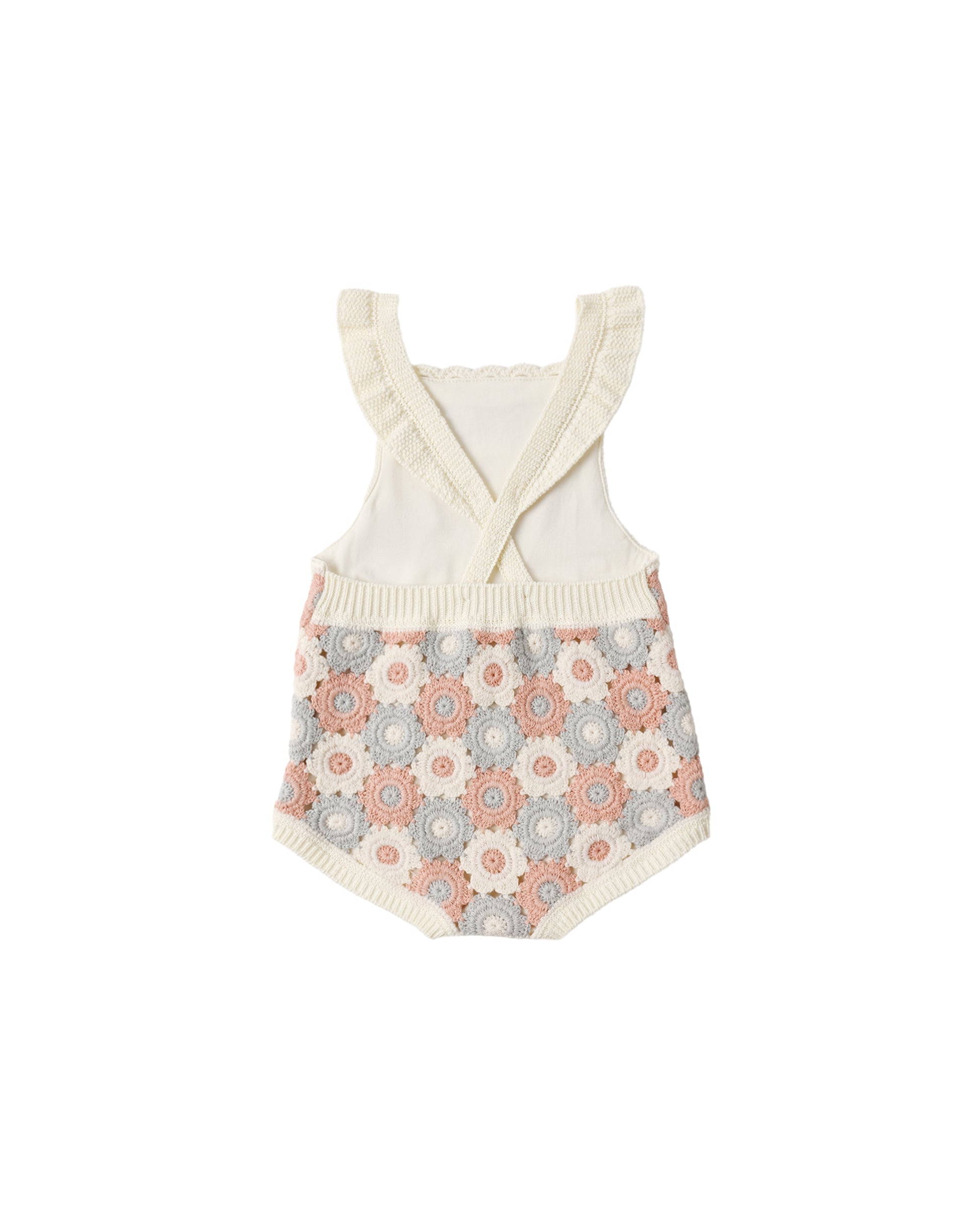 Blue, light pink, and ivory crochet romper by Rylee & Cru, featuring a stylish, comfortable design and intricate crochet details.