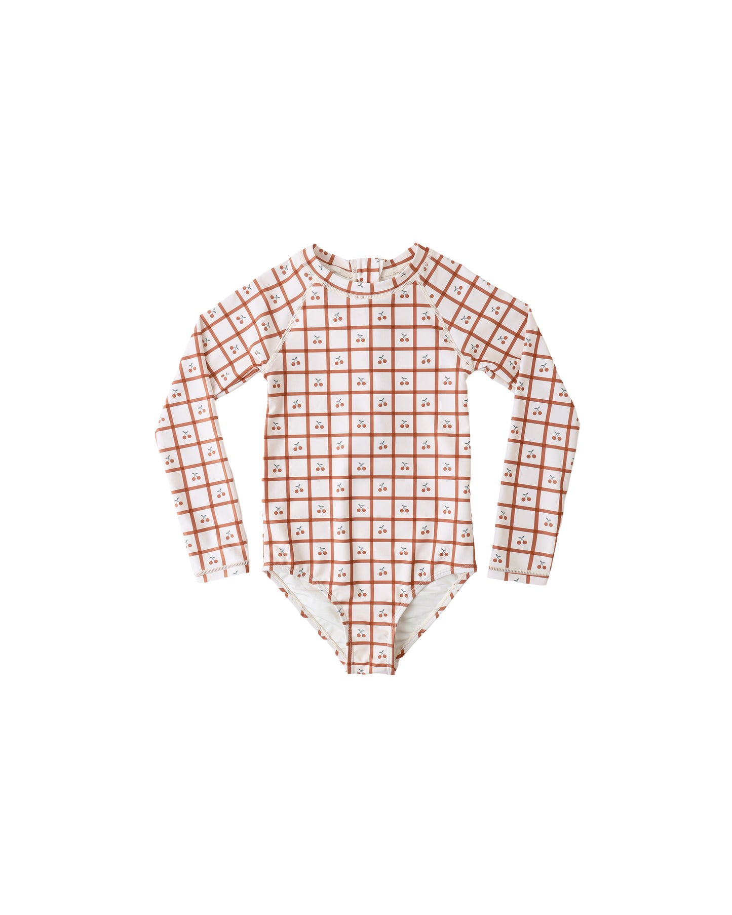 Cherry check Delphine rashguard one-piece swimsuit by Rylee & Cru, featuring a stylish cherry pattern and comfortable fit.