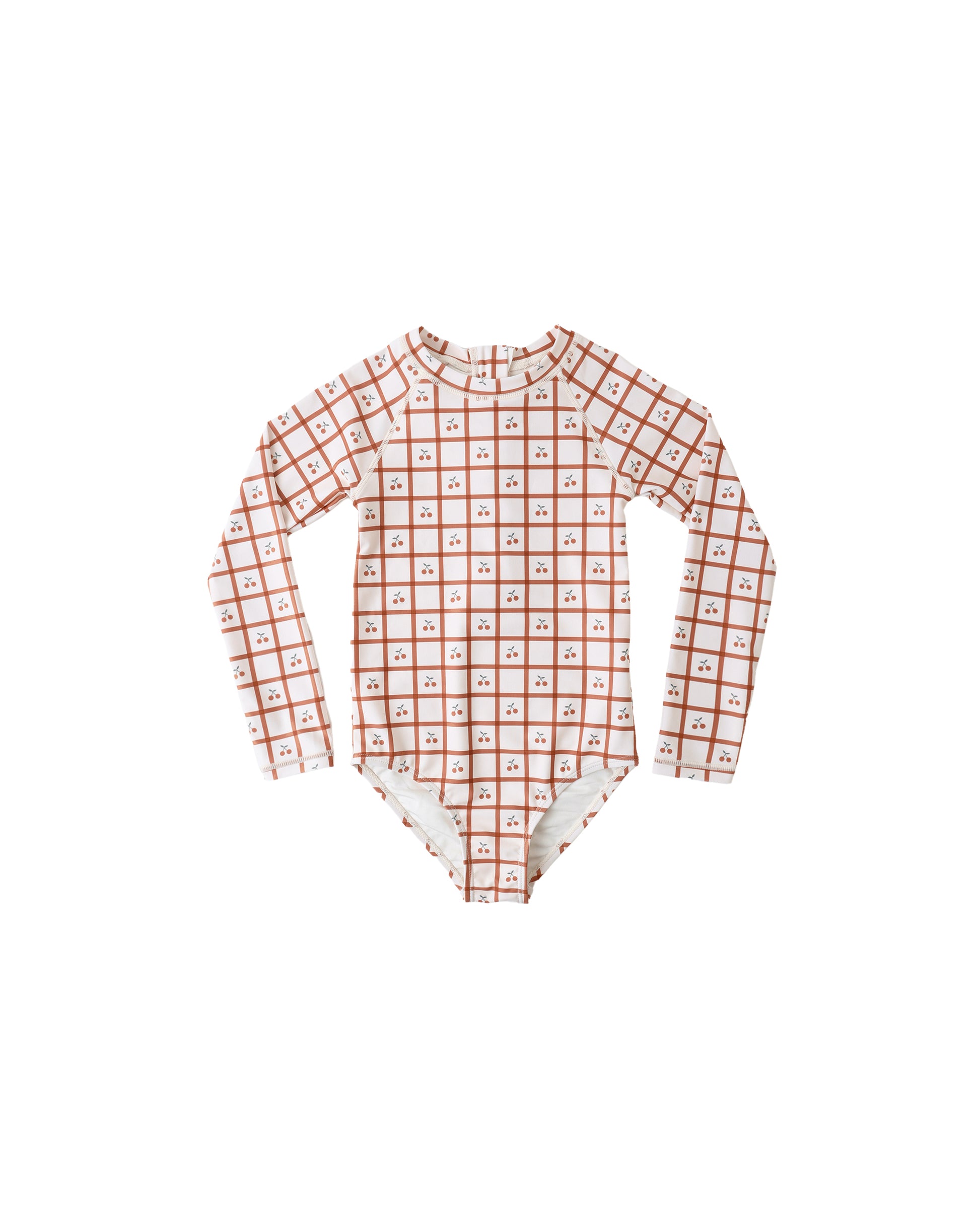 Cherry check Delphine rashguard one-piece swimsuit by Rylee & Cru, featuring a stylish cherry pattern and comfortable fit.